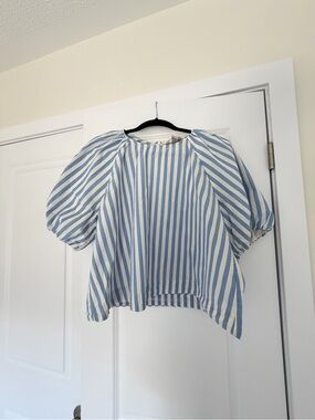 H&M Blue & White Striped Puff-Sleeve Blouse